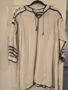 Carolina K Embroidered Cream Peasant Tunic with Black Stitching